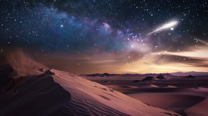 A captivating shot of a remote desert plateau with sweeping sand dunes and a rare, bright comet streaking across the night sky, Desert plateau scene
