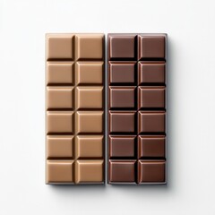 Fototapeta premium Two chocolate bars, milk and dark chocolate, arranged on a white background, perfect for dessert themes.