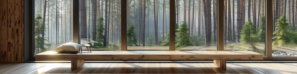 Minimalist living room, window seat with wooden bench, big panoramic windows, forest view, Scandinavian home decor, 3D furniture mock-up.