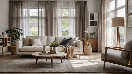 A modern and stylish living room with a minimalist design, featuring a white sofa with a variety of plush pillows in deep white, gray, and white. Light walls with abstract art pieces hanging 