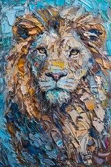 Obraz premium Majestic Lion Portrait: Vibrant and Textured Oil Painting Capturing the Spirit of the King of the Jungle Against a Luminous Aqua Background