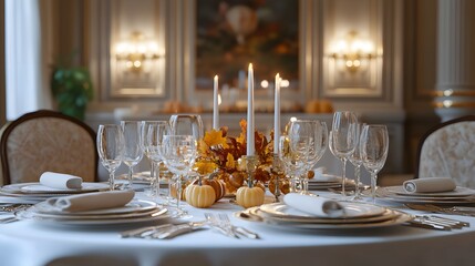 Fototapeta premium A luxurious table setting with elegant decor, featuring pumpkins, candles, and autumn foliage, creating a warm and festive atmosphere..