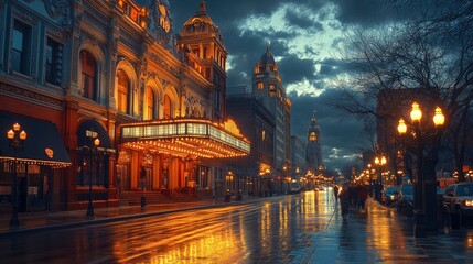 Fototapeta premium The exterior of a historic theatre is captured in the twilight, showcasing its grand architecture with detailed carvings and a marquee sign. The street is lined with vintage lampposts and bustling