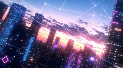 Obraz premium Virtual skyscrapers with glowing gridlines, creating a futuristic cityscape in shades of purple and blue, symbolizing a digital realm..