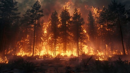 A forest on fire, tall trees burning in the background, flames and smoke filling up the scene, an intense natural disaster