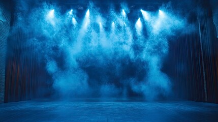 Fototapeta premium A dramatic view of a theatreâ€™s stage with fog effects and spotlights illuminating the performance. The atmosphere is charged with anticipation, and the stage design creates a sense of drama and