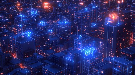 Fototapeta premium A high-tech cityscape at night featuring glowing blue digital connections between buildings, symbolizing advanced urban networks and connectivity..