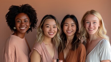 A studio photo of four diverse women with radiant skin, smiling at the camera against an isolated pastel brown background