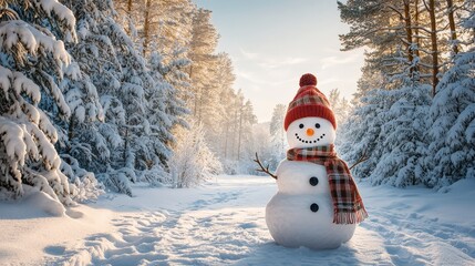 Fototapeta premium Snowman in winter forest with red scarf