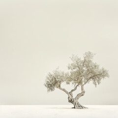 Obraz premium Solitary Olive Tree Against a Minimalist Background: Emphasizing Natures Beauty and Serenity in a Tranquil, Light-Hued Landscape.