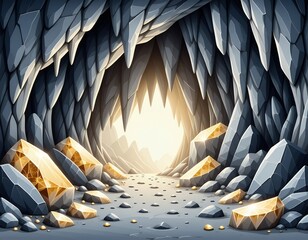 Obraz premium Cave Entrance with Golden Gems and Light Rays Fantasy Adventure Scene