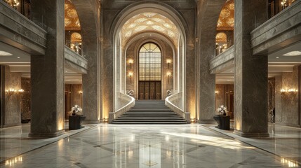 A theatreâ€™s grand entrance hall with marble flooring and decorative sculptures. The space is elegant and welcoming, reflecting the theatreâ€™s grandeur.