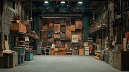 A detailed shot of a theatre&acirc;&euro;&trade;s backstage area with props and set pieces arranged for a performance. The scene includes various elements of the production, reflecting the organized chaos behind the
