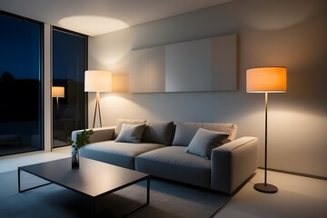 Minimalist modernized interior decoration of a living room at night