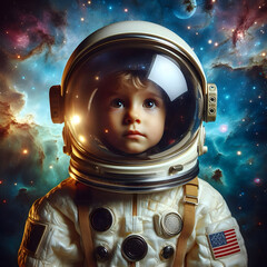 A kid astronaut with space background as a concept of a child’s dream to become an astronaut