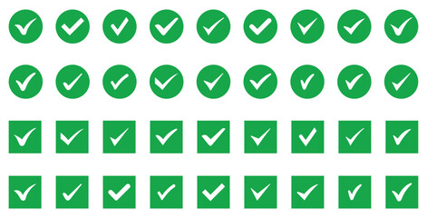 Check mark icon button set. Check box icon with right or approved buttons. Set of green check box. tick symbols in green color. green approved buttons
