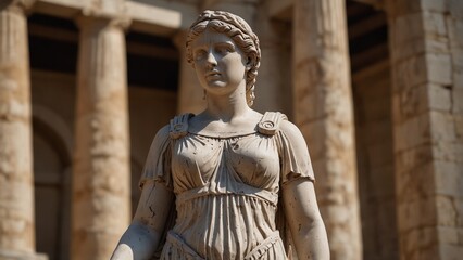 Obraz premium Sculpt Athena holding a book of wisdom, standing in an ancient Greek academy, set against stone pillars and scholars, symbolizing the power of wisdom and education.