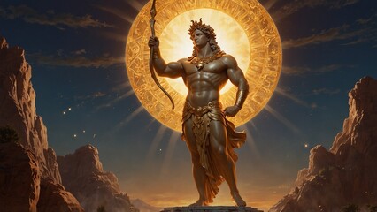 Depict Apollo holding a radiant bow, standing on a sacred altar, set against a dawn-lit sky and golden sunlight, symbolizing the power of light and prophecy.
