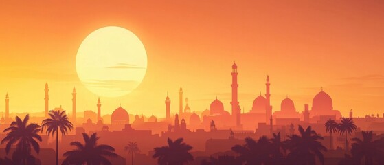 Obraz premium Serene Sunset Over Ancient Middle Eastern Cityscape