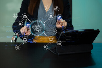 Social media and Marketing virtual icons screen of business women typing keyboard with laptop computer and smart phone at office.