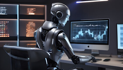 Fototapeta premium An AI robot in a gray suit sits in front of a computer screen displaying financial charts in a studio room.