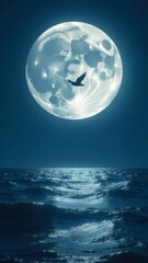 The full moon sets below the horizon in the sea, lunar path, silhouette of a seagull against the background of the moon