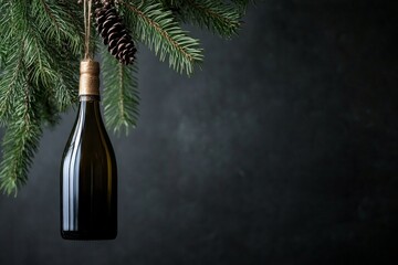 Bottle of wine ornament hanging on Christmas tree, dark background with copy space. Concept: New Year, festive celebrations, for wine shop, winery