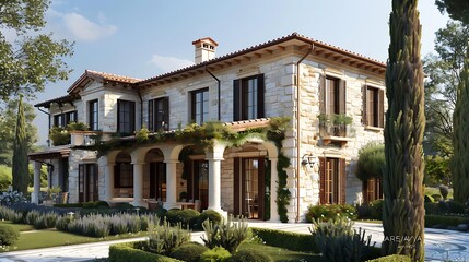Fototapeta premium Beautiful villa in the middle of the lavender field.