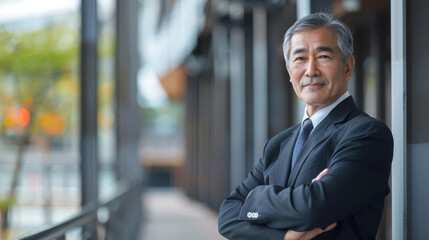 Fototapeta premium Confident senior Asian businessman in suit smiling and looking at camera.