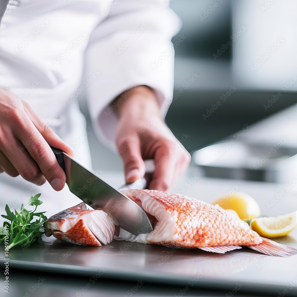 Wall mural chef s hands slicing fresh fish, stainless steel background