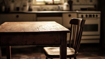 a beautifully low lit shot of an old table in a kitchen 