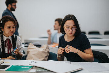 A classroom scene showing students working on assignments with a professor offering assistance. The...