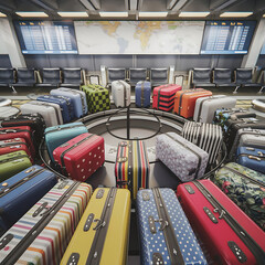 Fototapeta premium A 3d rendering of a busy airport luggage carousel. There are various suitcases of different colors and designs spinning around. The suitcases have a variety of patterns and designs, including stripes,