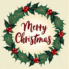 Circular Christmas Holly Wreath with Merry Christmas Typography