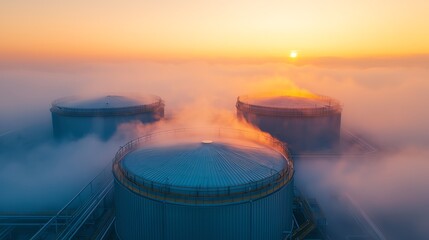 Biogas plant with fermenters, morning mist rising, drone shot with backlight