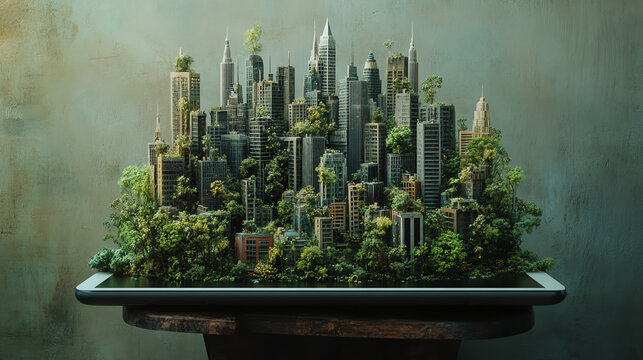 Miniature cityscape on a digital tablet.