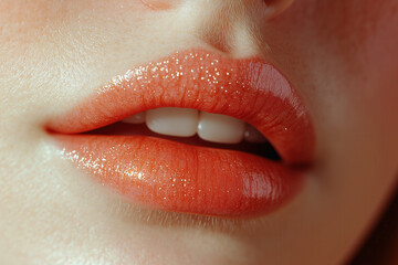 Fototapeta premium Closeup of Shimmering Glossy Lips with Orange Tint AI Generated
