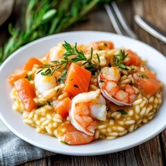 Fresh seafood risotto, herbs, cozy setting, white plate