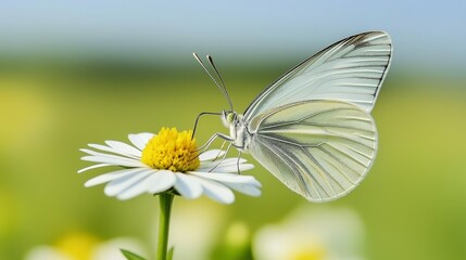White Butterfly on Daisy: A delicate white butterfly rests gently on a vibrant daisy, capturing the serene beauty of nature's gentle dance.