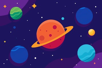 Fototapeta premium Cartoon-style illustration of planets in deep space, with colorful orbits and stars. Suitable for educational and sci-fi design.