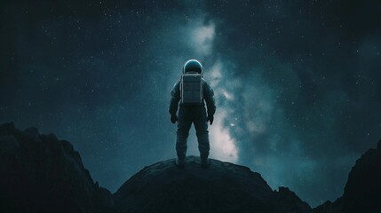 Obraz premium Astronaut on Alien Planet: Solitary figure in spacesuit contemplates vast nebula, standing on rocky peak of an alien world. A dramatic scene of cosmic exploration and discovery. 