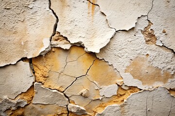 Obraz premium Aged plaster wall with cracked texture, exposing underlying layers. Great for vintage, rustic backgrounds, and designs with an urban or antique theme.