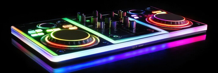 DJ controller with illuminated controls and colorful reflections, perfect for branding