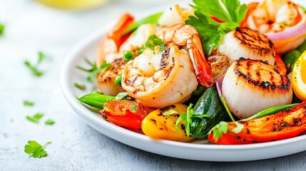 Seafood dish with grilled prawns, scallops, fresh vegetables, fine dining restaurant, white plate