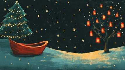 Enchanted Winter Wonderland - Festive Boat and Glowing Lanterns
