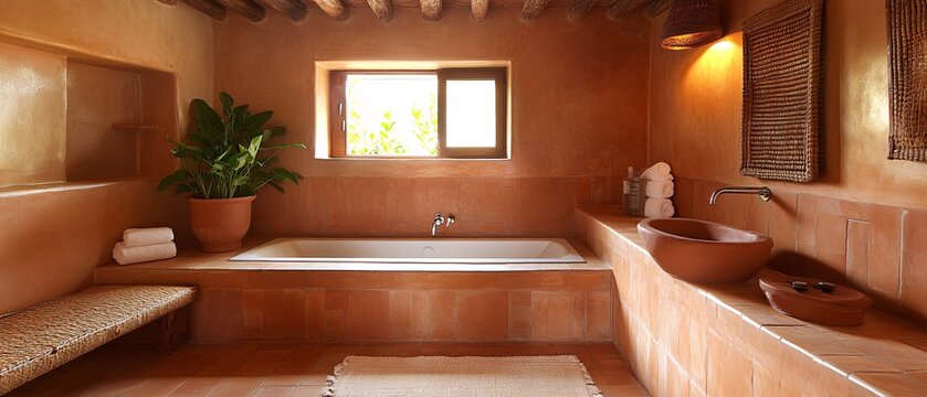 A serene bathroom featuring warm earth tones, terracotta tiles, and wooden accents. A blend of natural elements creates a relaxing atmosphere.