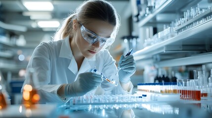 Fototapeta premium Female scientist conducting experiment in modern laboratory workspace