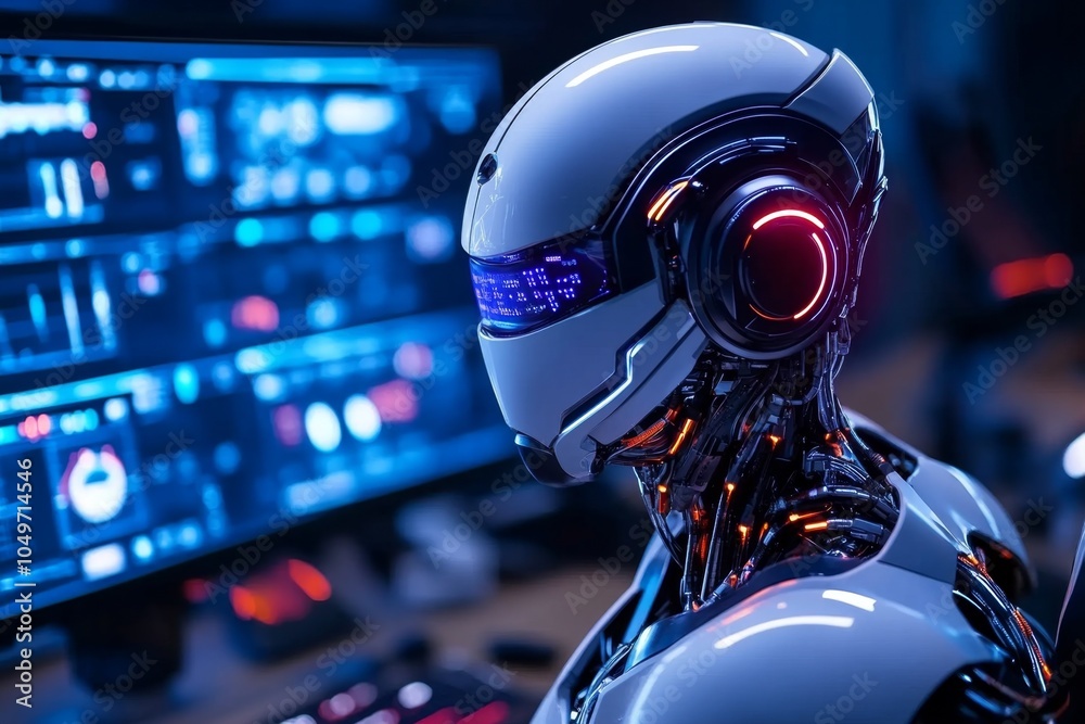 Poster a 3d-illustrated futuristic robot taking over a control center, with complex machinery and glowing i