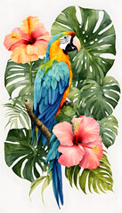 Obraz premium A vibrant watercolor painting of a blue and yellow parrot perched on a branch, surrounded by large tropical leaves and red hibiscus flowers.