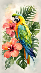 Obraz premium A vibrant watercolor painting of a blue and yellow parrot perched on a branch, surrounded by large tropical leaves and red hibiscus flowers.
